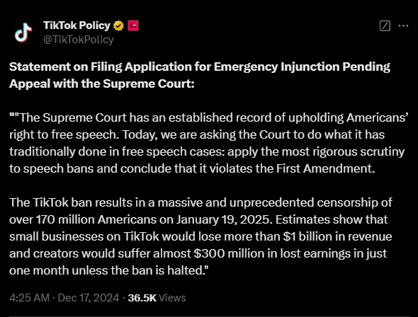 不卖就禁!TikTok请求美国最高法院暂缓2025年1月生效的禁令