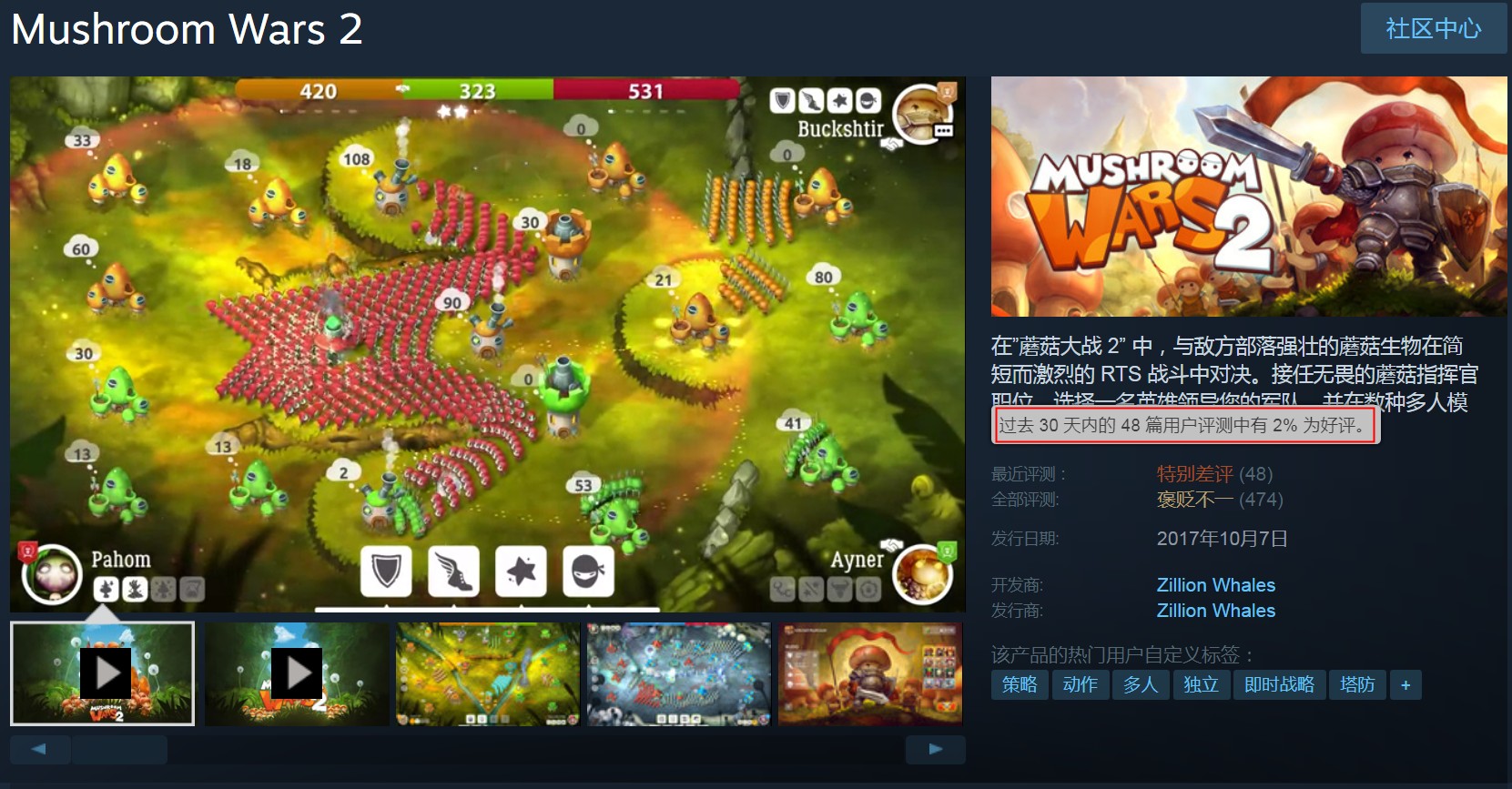 《蘑菇战争2》Steam特别差评 好评率仅为2%